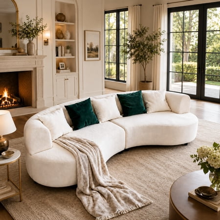 104" Oversized Curved Sofa, Short Plush Lamb Wool Fabric Couch with 5 Throw Pillows, Solid Wood Frame for Living Room, Sunroom & Apartment