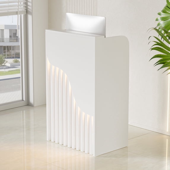 31.5" Mobile Reception Desk, White Modern Front Counter with LED Light and Lockable Drawers, Compact Receptionist Desk for Salon, Spa, Office and Retail