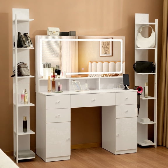 45" Makeup Vanity Desk Set with Lighted Mirror, 3-Color Adjustable LED Lights, Charging Station, 5 Drawers, Side Shelves & Hair Dryer Holder, White