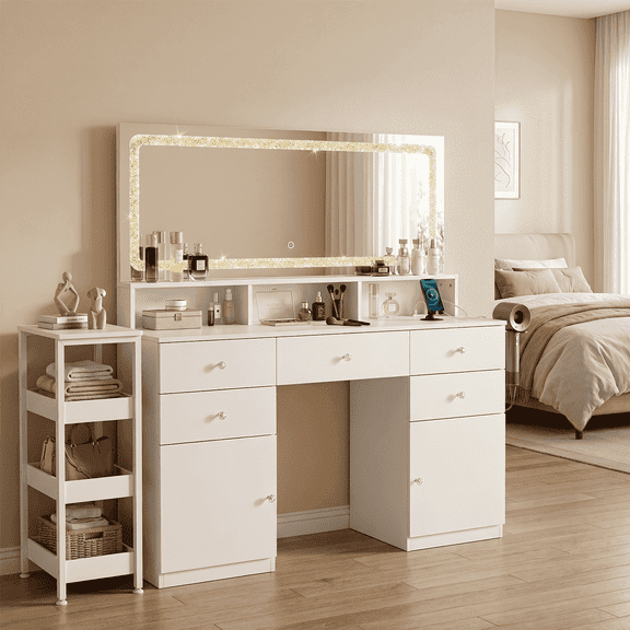 55" White Makeup Vanity Desk Set with Lighted Mirror, Storage Drawers, Crystal Sparkle LED Lights, Adjustable Brightness & Charging Dock