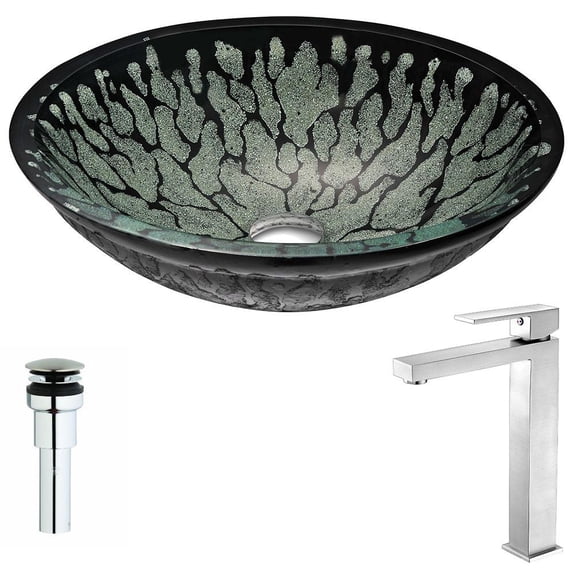 ANZZI Bravo Series Lustrous Black Deco-Glass Vessel Sink with Enti Brushed Nickel Faucet