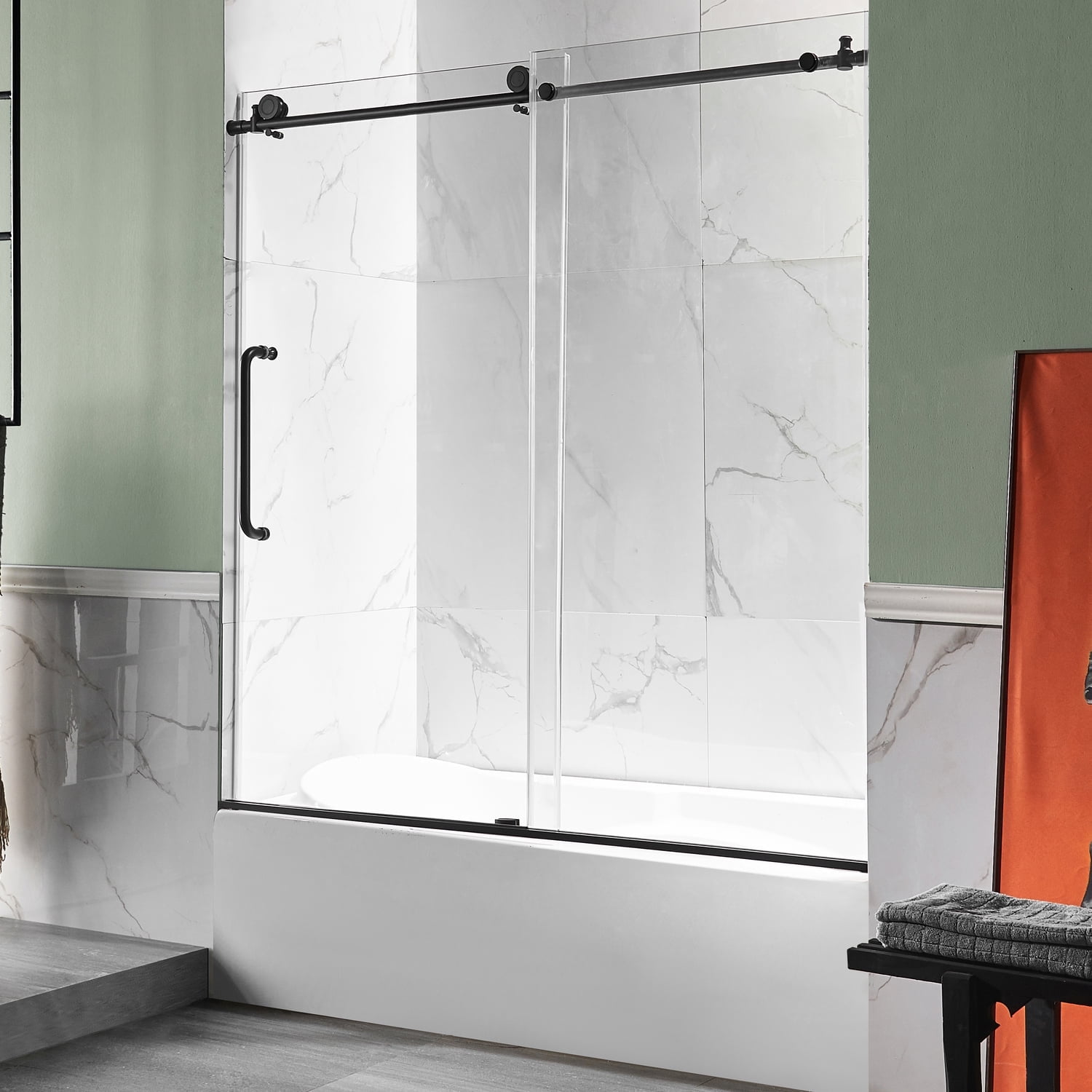 Matte Black Frameless Sliding Tub Door with Stainless Steel Hardware
