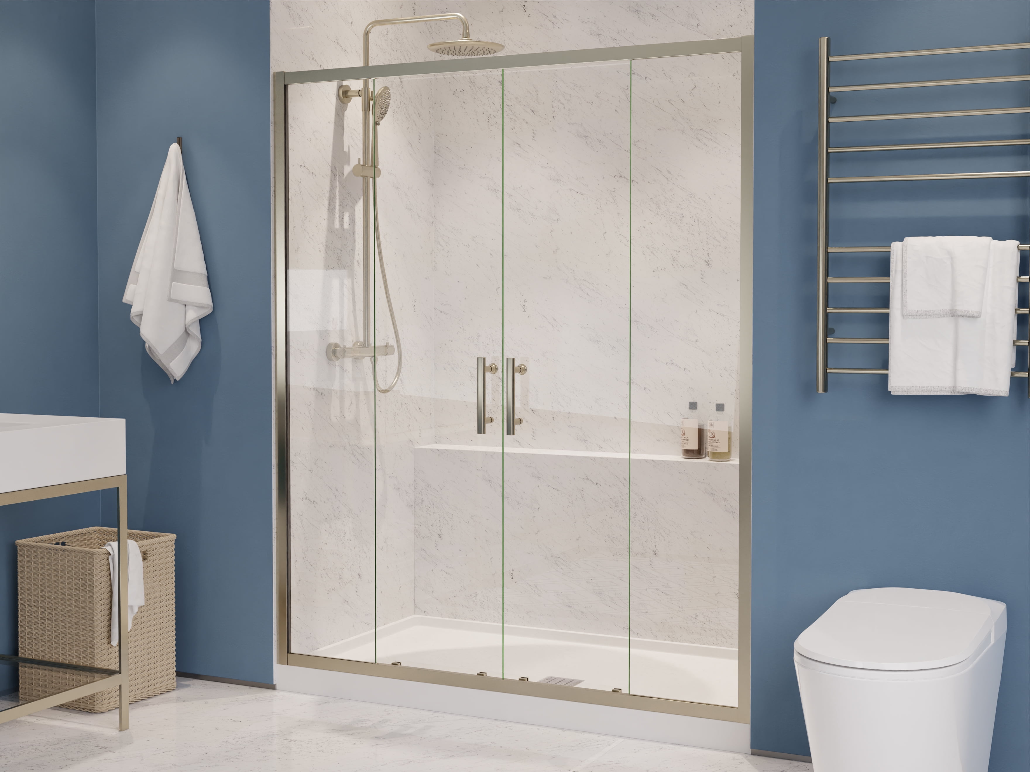 Brushed Nickel Framed Sliding Shower Door with Tempered Glass