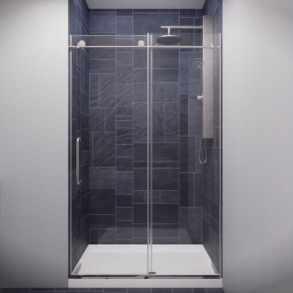 Madam Series 44-48"W x 76"H Sliding Frameless Shower Door in Brushed Nickel with Tsunami Guard Tempered Glass