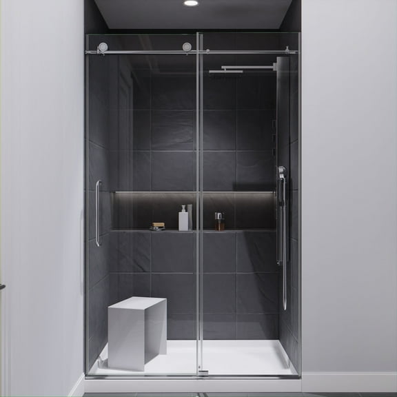 Madam Series 44-48"W x 76"H Sliding Frameless Shower Door in Chrome with Tsunami Guard Tempered Glass and Handle