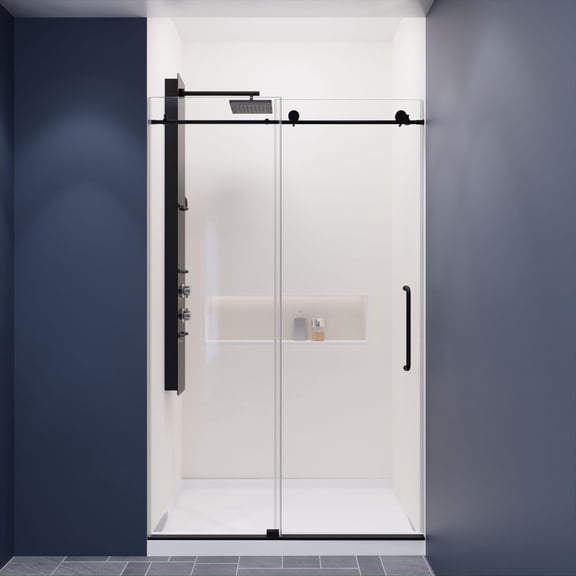 Madam Series 44-48"W x 76"H Sliding Frameless Shower Door in Matte Black with Tsunami Guard Tempered Glass