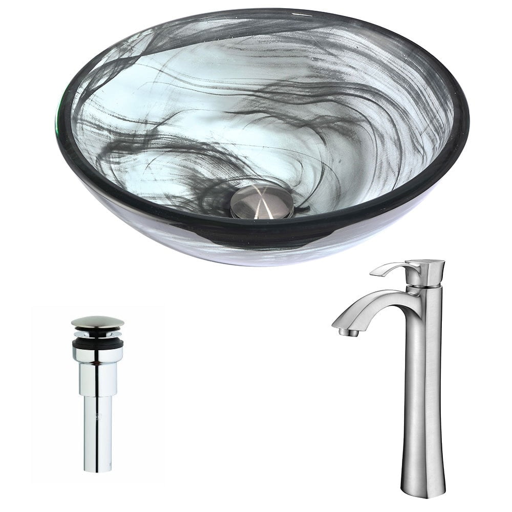 Emerald Swirl Tempered Glass Vessel Sink with Brushed Nickel Faucet