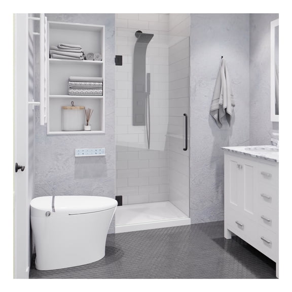 Fellow Series 24 in. by 70 in. Frameless Hinged Shower Door in Gunmetal with Clear Tempered Glass and Tsunami Guard