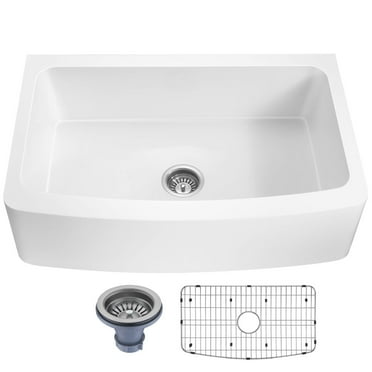 ANZZI Prisma Farmhouse Solid Surface 36 in. Kitchen Sink with Strainer in Matte White