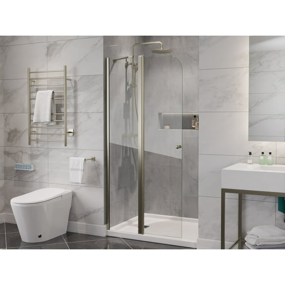 Romance Series 33.3"W x 72"H Hinged Frameless Shower Door in Brushed Nickel with Tsunami Guard Tempered Glass
