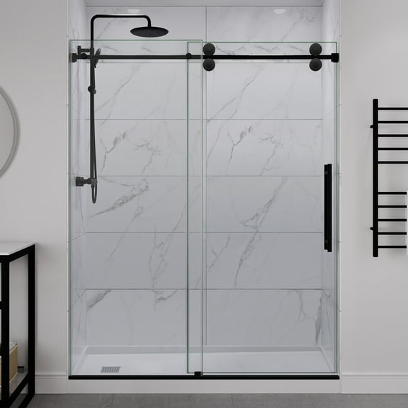 Ozean Series 56-60"W x 76"H Frameless Shower Door with Sliding in Matte Black with Tsunami Guard Tempered Clear Glass