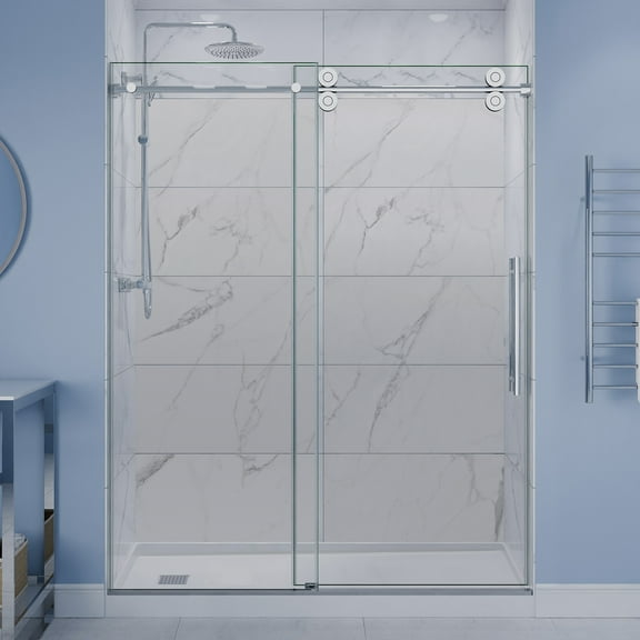 Ozean Series 56-60"W x 76"H Frameless Shower Door with Sliding in Polished Chrome with Tsunami Guard Tempered Clear Glass
