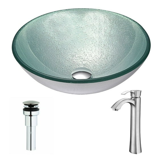 ANZZI Spirito Series Deco-glass Vessel Sink in Churning Silver with Harmony Faucet in Brushed Nickel