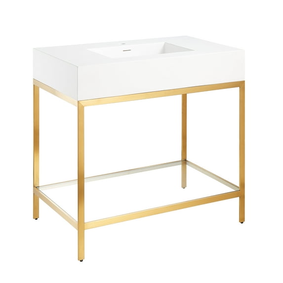 ANZZI Ventura 36 in. Console Sink in Brushed Gold with Matte White Counter Top