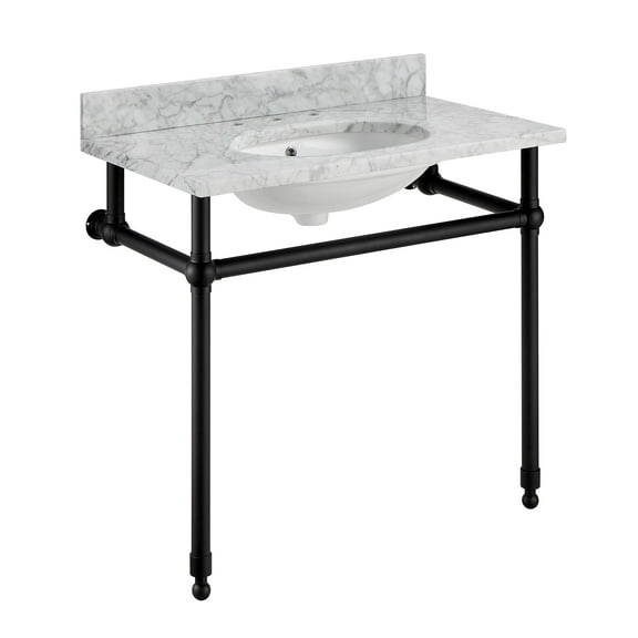 ANZZI Verona 34.5 in. Console Sink in Matte Black with Carrara White Counter Top