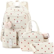 AO ALI VICTORY 3pc School Backpack with Lunchbox for Teens Girls Women 15.6 Inch Laptop College Backpacks with Lunch Bag Bookbag Set Corduroy Kids Elementary Middle High Bags  Beige Strawberries Set
