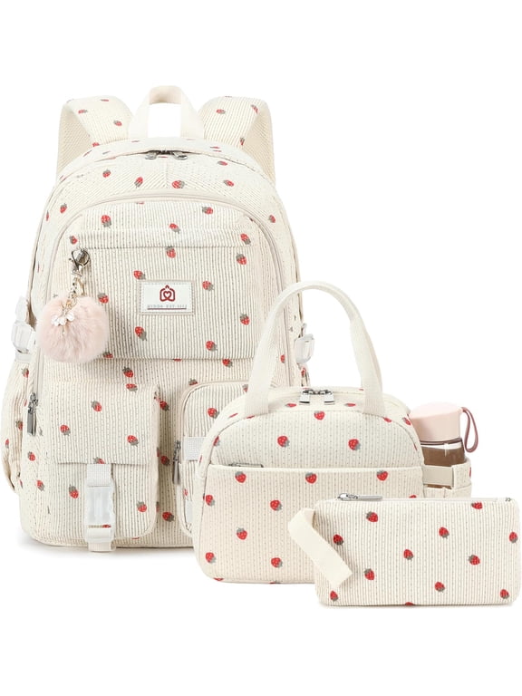3pc School Backpack with Lunchbox for Teens Girls Women 15.6 Inch Laptop College Backpacks with Lunch Bag Bookbag Set Corduroy Kids Elementary Middle High Bags( Beige Strawberries Set)