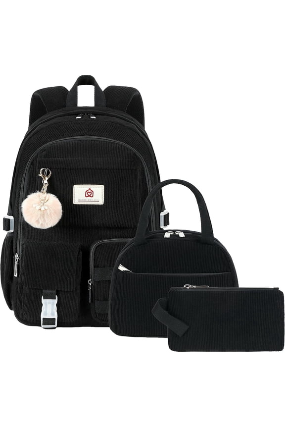 3pc School Backpack with Lunchbox for Teens Girls Women 15.6 Inch Laptop College Backpacks with Lunch Bag Bookbag Set Corduroy Kids Elementary Middle High Bags Students Back(Black Set)