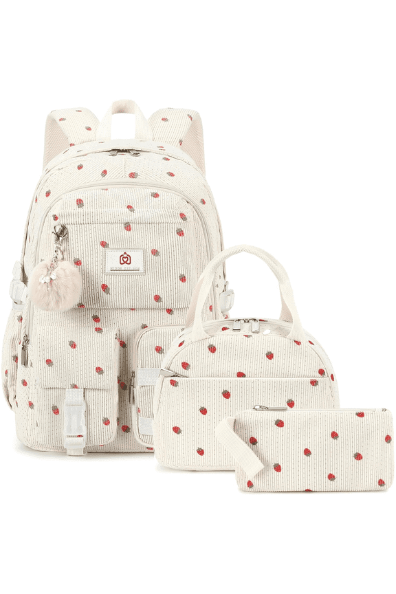 3pc Backpack with Lunchbox Women's 15.6" Laptop (with Lunchbox) Lunch Bag Backpack Set Corduroy Backpack（ Beige Strawberries Set）