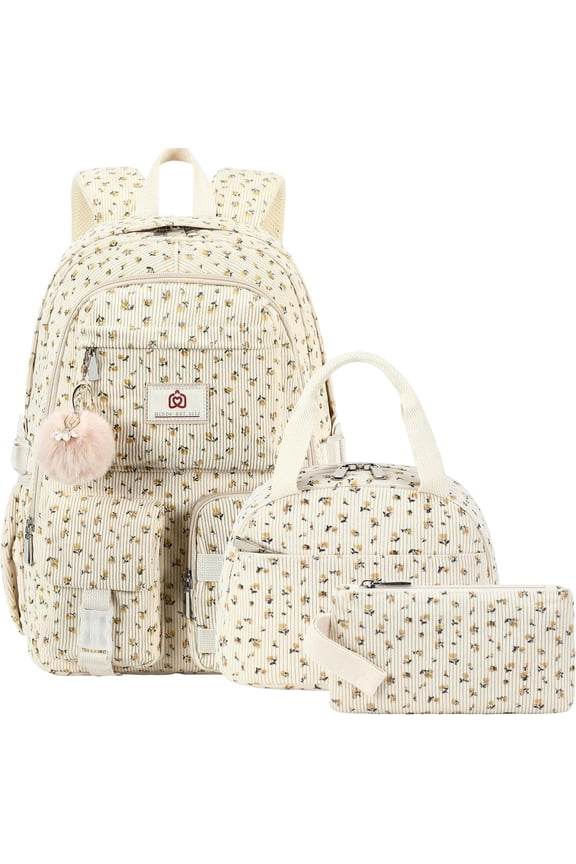 3pcSchool Backpack with Lunchbox for Teens Girls Women 15.6 Inch Laptop College Backpacks with Lunch Bag Bookbag Set Corduroy Kids Elementary Middle High Bags (Beige Floral Set)