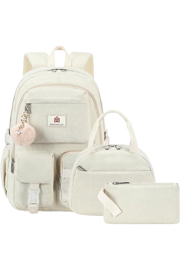 3pc School Backpack with Lunchbox for Teens Girls Women 15.6 Inch Laptop College Backpacks with Lunch Bag Bookbag Set Corduroy Kids Elementary Middle High Bags Students( Beige Set)