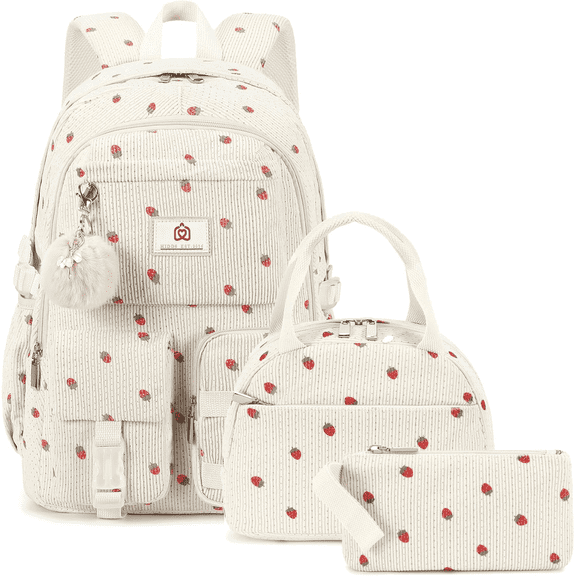 AO ALI VICTORY 3pc School Backpack with Lunchbox for Teens Girls Women 15.6 Inch Laptop College Backpacks with Lunch Bag Bookbag Set Corduroy Kids Elementary Middle High Bags( Beige Strawberries Set)