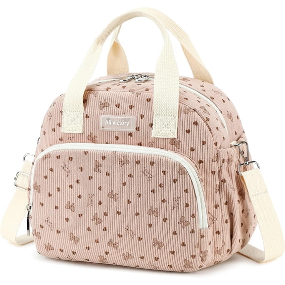 AO ALI VICTORY Corduroy Insulated Lunch Bag for Women Teen Girls Portable Adult Lunch Box,Lightweight Cute Woman Lunchbox,Reusable Tote Cooler Bags Front Pockets Work Picnic