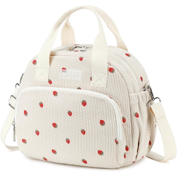 AO ALI VICTORY Corduroy Insulated Lunch Bag for Women Teen Girls Portable Adult Lunch Box,Lightweight Cute Woman Lunchbox,Reusable Tote Cooler Bags Front Pockets Work Picnic( strawberry)