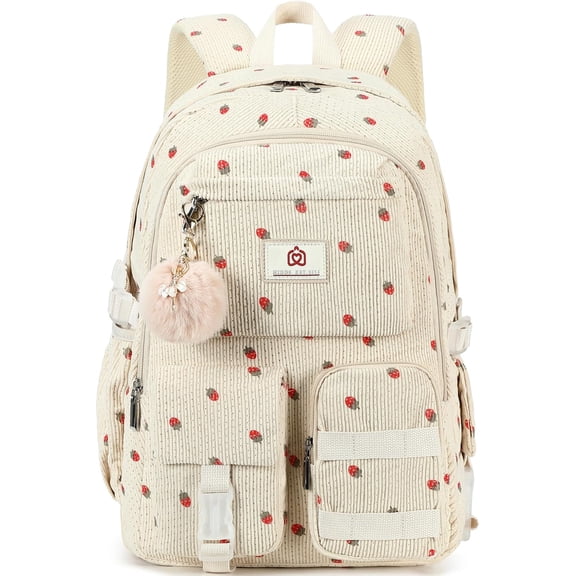 AO ALI VICTORY School Backpack for Teens Women 15.6 in Laptop College Backpacks Corduroy Work Bag Middle High Campus Bookbag Students Pack Travel Daypack Womens(Beige Strawberries)
