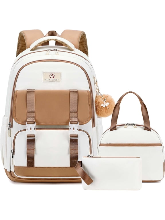 School Backpack for Girls Women 15.6 Inch Laptop Backpacks College Bookbag Cute Kids Elementary Middle High School Bag with Lunch Box Set for Teens Students Travel Daypack, brown set