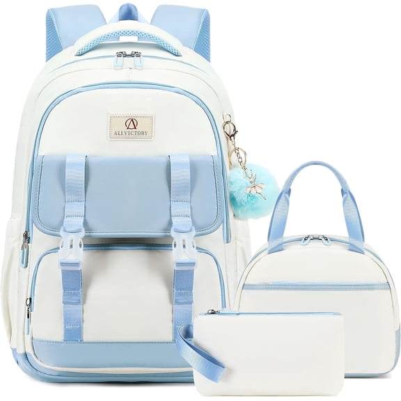 AO ALI VICTORY School Backpack for Girls Women 15.6 Inch Laptop Backpacks College Bookbag Cute Kids Elementary Middle High School Bag with Lunch Box Set for Teens Students Travel Daypack, Blue set