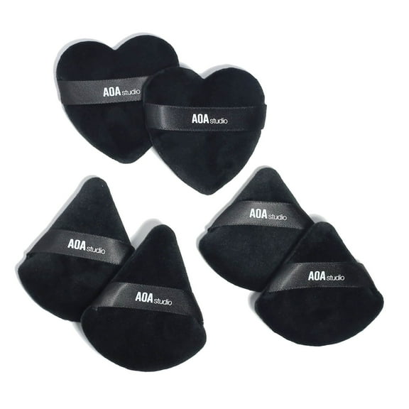 AOA Studio Makeup Puff Set, Velour Sponges for Powder & Foundation, 6ct Black (Small, Big, Heart)