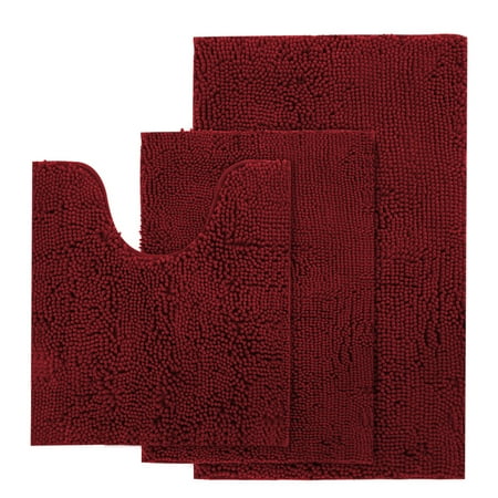 AOACreations Bathroom Rugs Luxury Ultra Soft Chenille Bath Mat 3 Piece Set, Burgundy Red