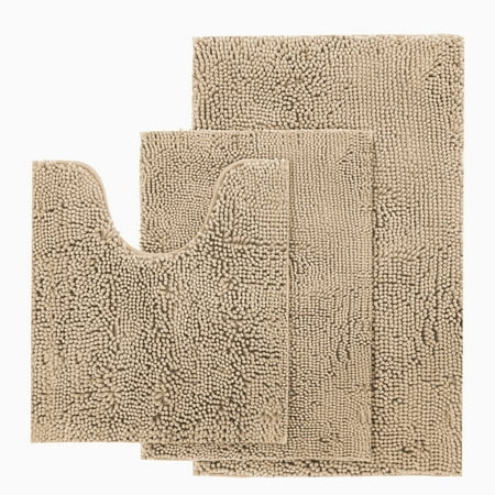 AOACreations Bathroom Rugs Luxury Ultra Soft Chenille Bath Mat 3 Piece Set, Light Brown