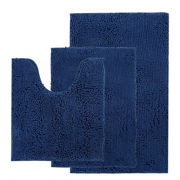 AOACreations Bathroom Rugs Luxury Ultra Soft Chenille Bath Mat 3 Piece Set, Navy Blue