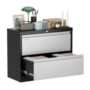 Aobabo 2 Drawer Lateral Metal File Cabinet,Lockable Filing Cabinet with Name Card,Suitable for Home Office School Hanging Files Letter/Legal/F4/A4 Size,Required-Assembly,Black/Grey