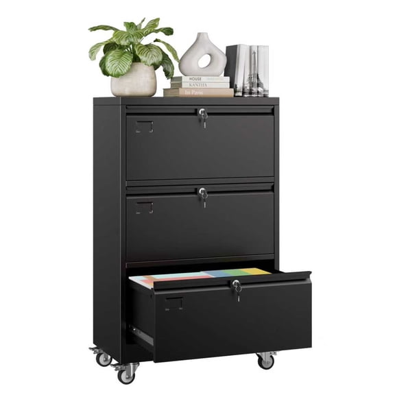 Aobabo 3 Drawer Metal Lateral File Cabinet with Wheels, Mobile Flie Cabinet with 3 Lock and Adjustable File Bars for Office,Home,School,for Letter/Legal Size, Black, Assembly Required