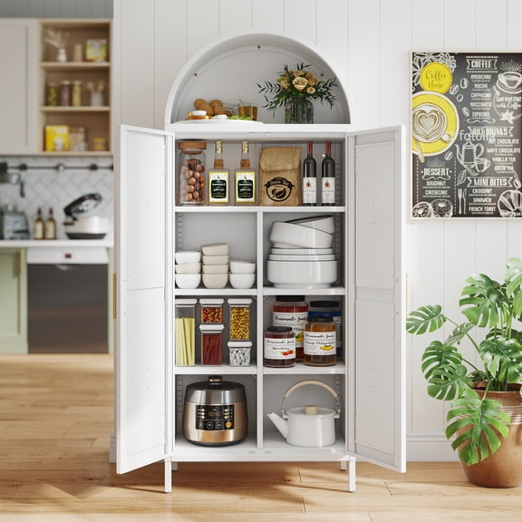 AOBABO 66.9''H Metal Arched Cabinet with 4 Adjustable Shelves, Farmhouse Pantry Cabinet with 2 Doors for Home Kitchen,White