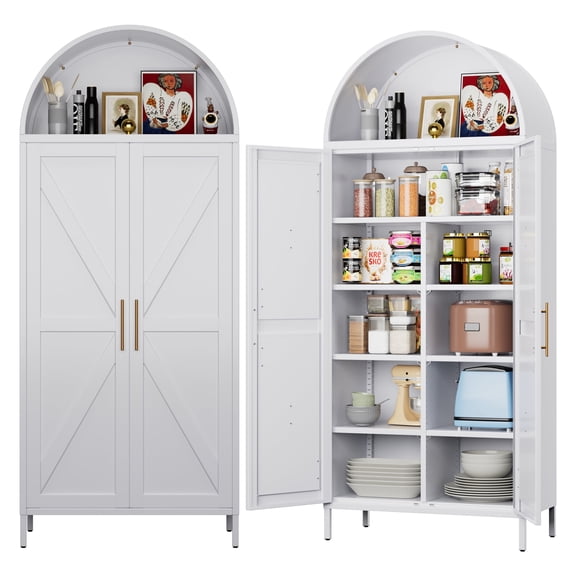 AOBABO 72.8''H in Tall Metal Arched Cabinet, Kitchen Pantry Cabinet with Door, Modern Farmhouse Arched Bookcase with 6 Adjustable Shelves,White