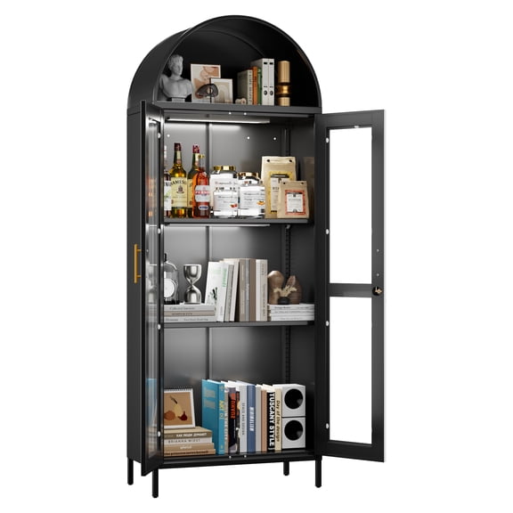 AOBABO 72.83'' H Metal Arched Cabinet with Glass Door,Arched Display Cabinet with LED Strip,Lockable Door and 2 Adjustable Shelves for Home,Black