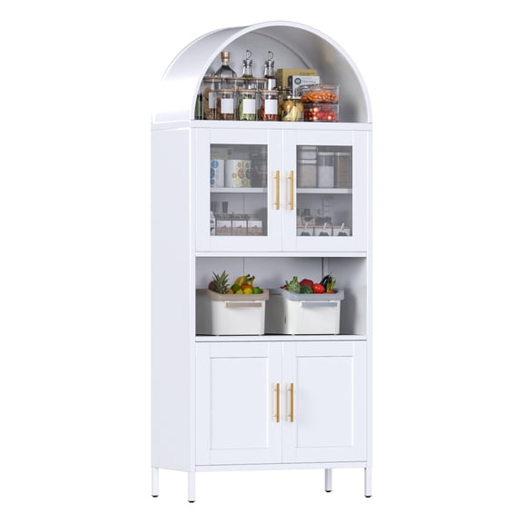 AOBABO 72.83" H Metal Arched Kitchen Pantry Storage Cabinet with 4 Doors, Arched Bookcase for Home,White