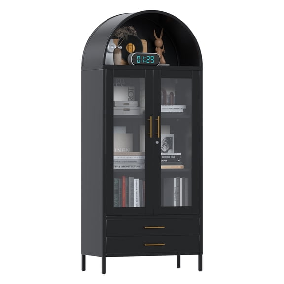 AOBABO 73''H Metal Arch Kitchen Pantry Cabinets, Arched Display Cabinet with Glass Doors&Drawers
