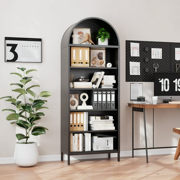 AOBABO 73 in Tall Metal Arched Bookcase, 6-Tier Arched Bookcase, Modern Farmhouse Bookshelf with 2 Adjustable Shelves,Black