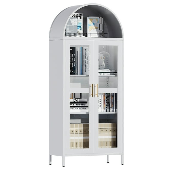 AOBABO 73In Tall Metal Arched Cabinet, Arched Display Pantry Cabinet with Glass Door, Modern Farmhouse Bookcase with 1 Drawer and 2 Adjustable Shelves