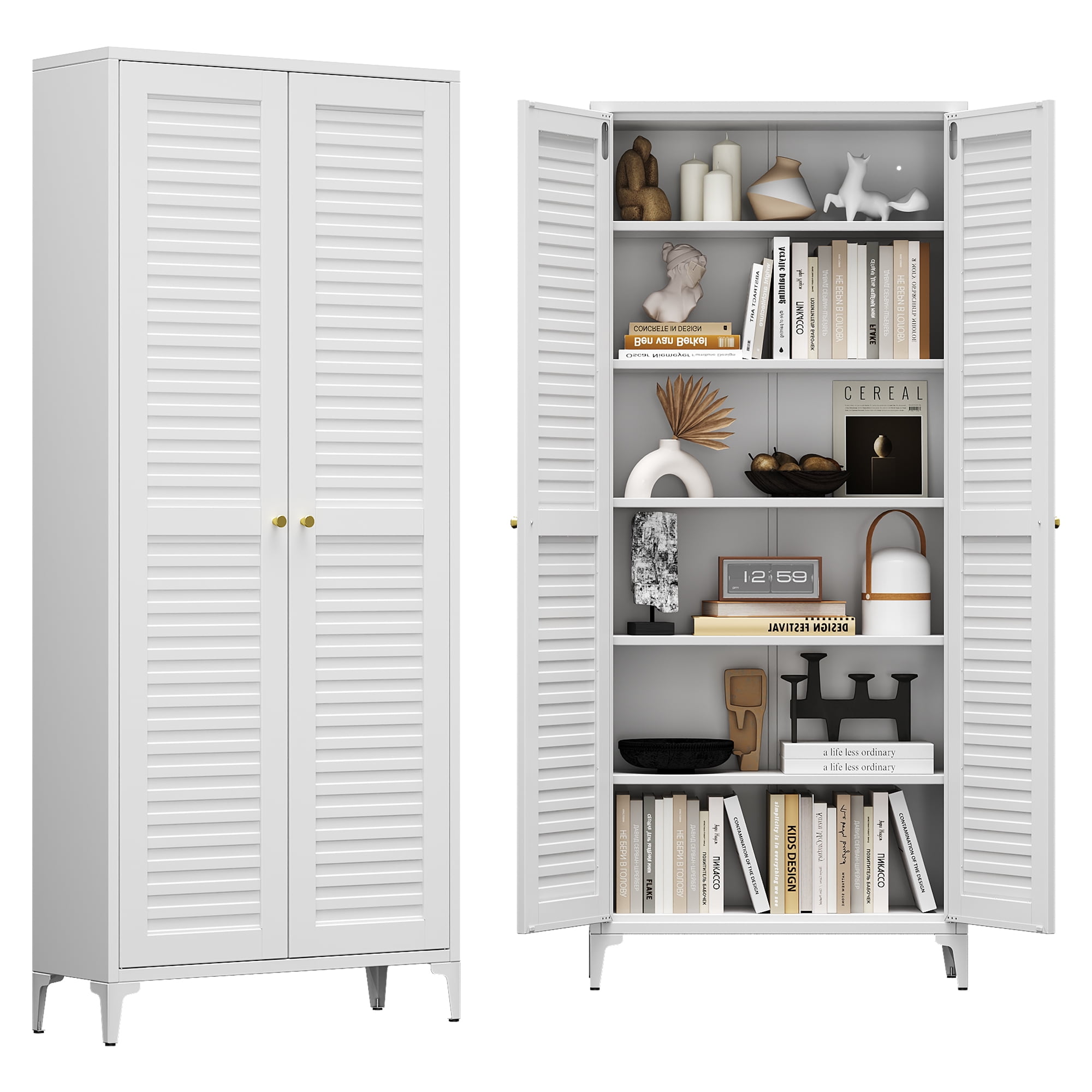 AOBABO Kitchen Pantry Storage Cabinet with 2 Doors,Metal Storage Cabinets with 5 Adjustable Shelves for Kitchen,White