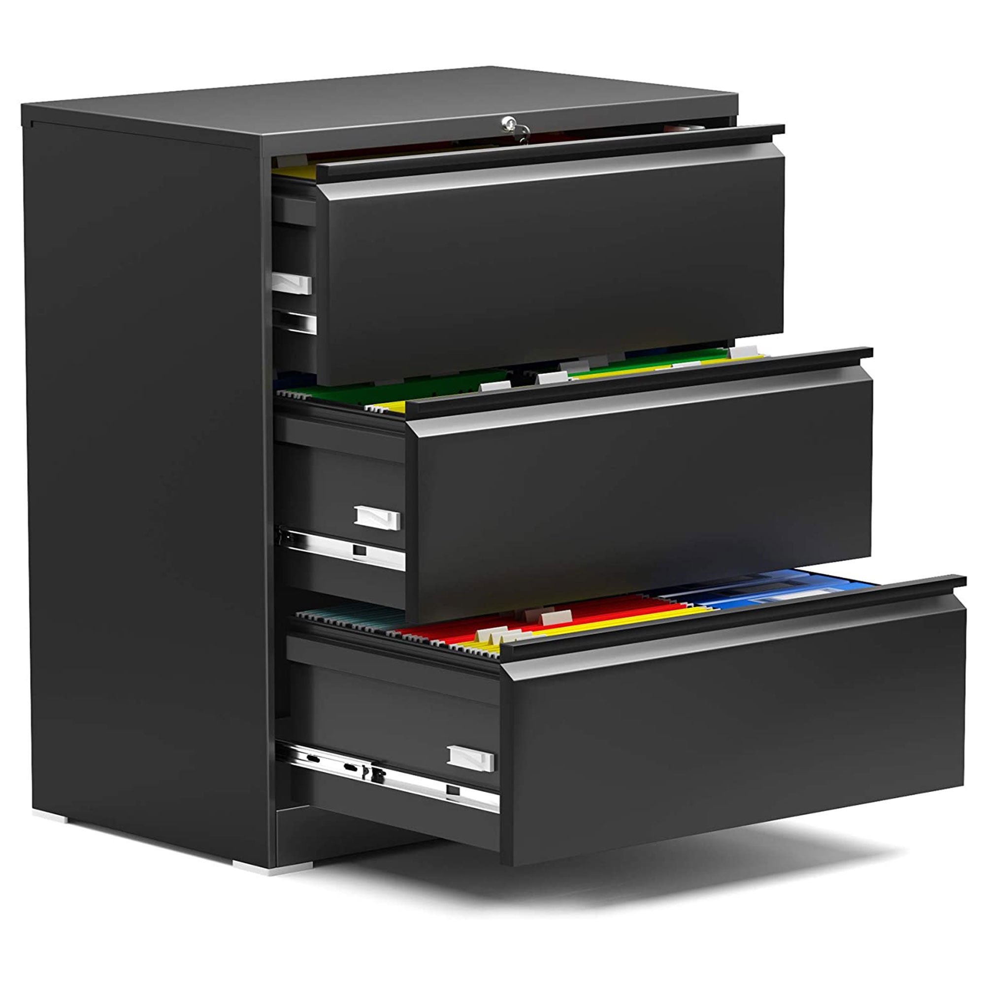 Black Steel 3-Drawer Lockable Lateral Filing Cabinet