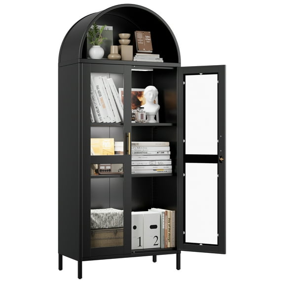 AOBABO Metal Arch Display Cabinet, Modern Arched Storage Cabinet with Glass Doors,2 Adjustable Shelves