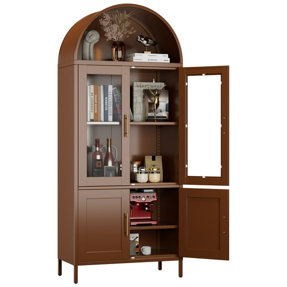 AOBABO Metal Arched Storage Cabinet, Arch Bookcase with Glass Doors, Modern Freestanding Kitchen Pantry Cabinet for Home ,Brown