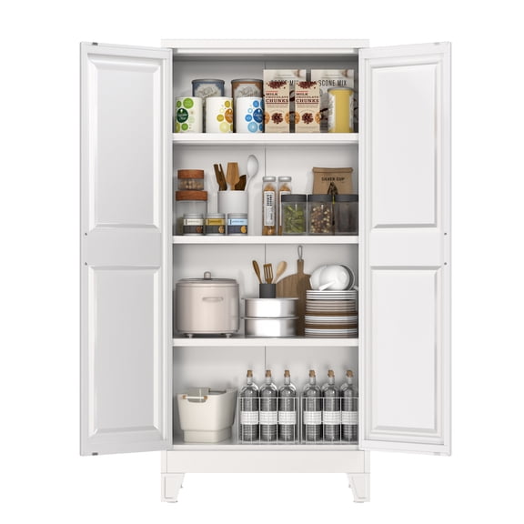 AOBABO Metal Kitchen Pantry Cabinet with 2 Doors,Metal Pantry Cabinets with 3 Adjustable Shelves for Kitchen, Assembly Required,White