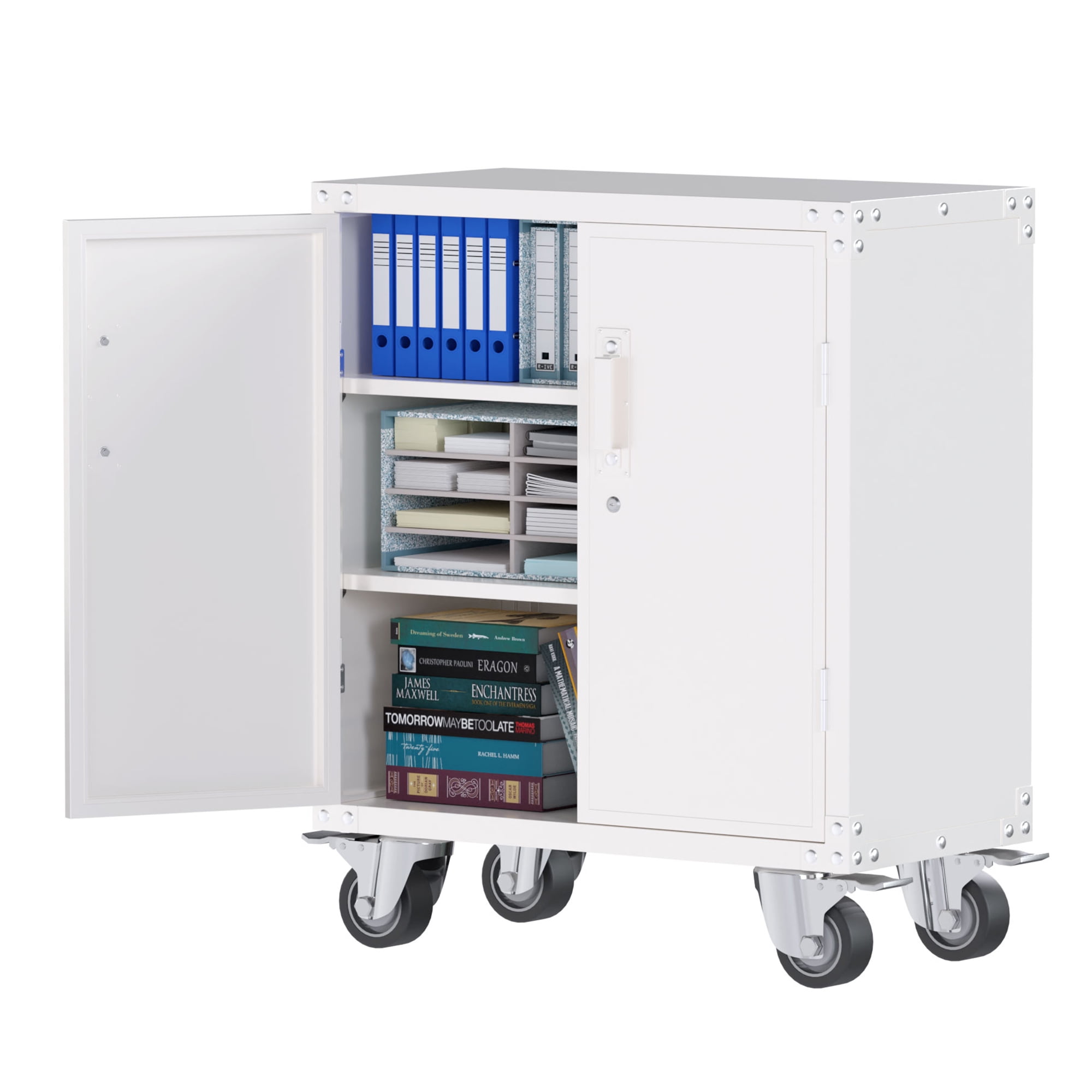 AOBABO Metal Storage with Wheels,Lockable Storage with 2 Adjustable Shelves,35.4